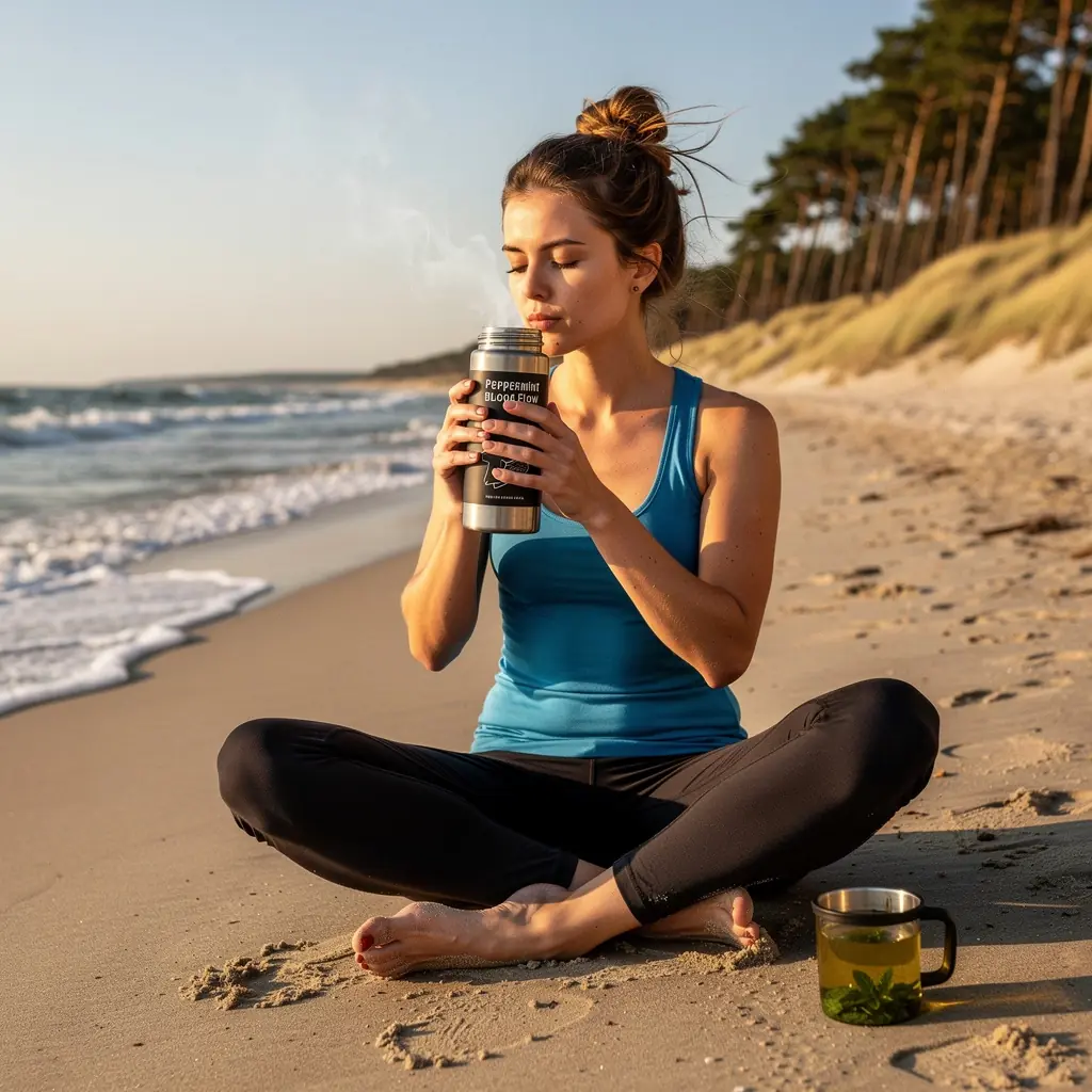 Žalios mėtų šakelių krūva šalia arbatos puodelio